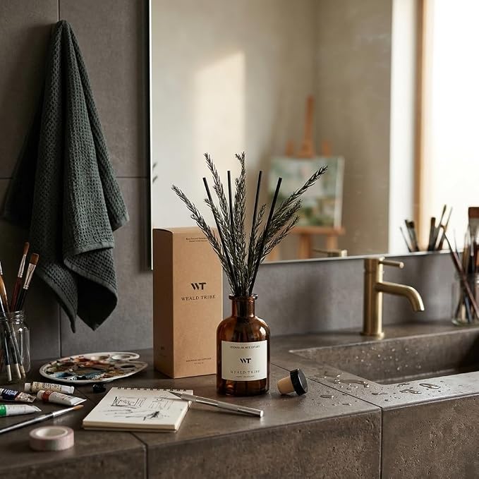 Reed Diffuser Set for Bathroom Air Fresheners, Oil Diffuser Sticks with Flower | Balsam Fir Scent 4.0 fl oz Home Fragrance with Sticks Defusers | House Bedroom Office Shelf Decor
