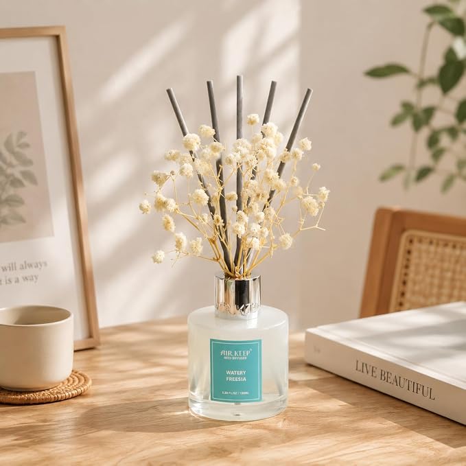Reed Diffuser Set,3.38 fl oz (100 ml) - Watery Freesia Oil Diffusers with 8 Reed Sticks, Home Fragrance Reed Diffuser for Bathroom Shelf Decor