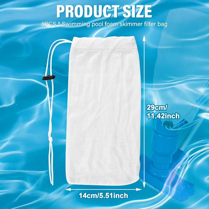 5Pcs Pool Leaf Vacuum Net Bag Fine Mesh with Locking Cord,11.4" x 5.5" Fine Mesh Filter Bags for Leaf Vacuum Pool Cleaners,for Pools Aquariums Ponds Collecting Leaves and Debris