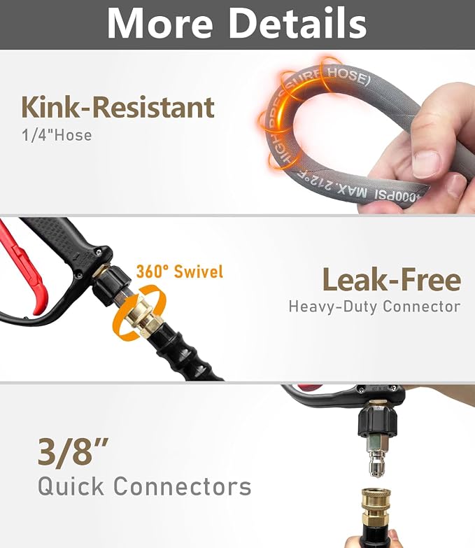 Pressure Washer Hose 150FT 4000 PSI, Kink Resistant Steel Braided Layer & NonMarking Rubber for Hot/Cold Water, High Power Washer Hose With 3/8 Inch Quick Connect & M22 Fitting, Gray
