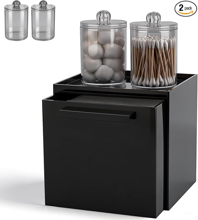 Anyoifax Disposable Face Towels Holder with 2 Pack Qtip Holders, Black | Acrylic Box Bin Compatible with Clean Skin Club Clean Towelettesl XL Bathroom Counter Storage with Drawer