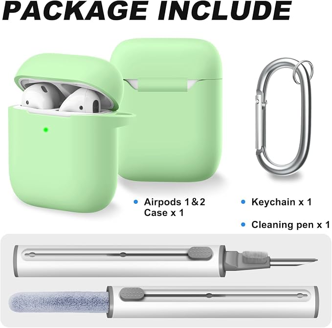 for AirPods Case Cover, Come with Clean Pen，Soft Silicone Protective Cover for Women Men Compatible with Apple AirPods 2nd 1st Generation Charging Case, Front LED Visible,Glow Green