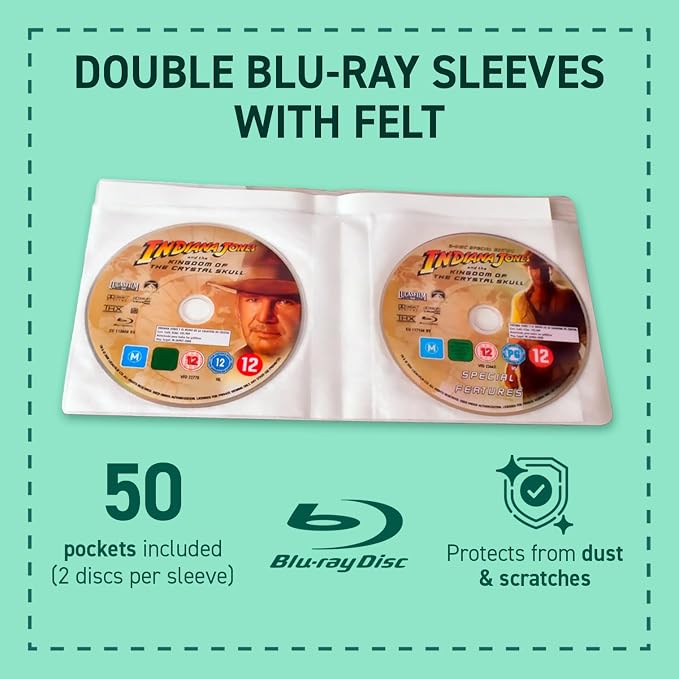 Tarifold Double Blu-Ray Storage Sleeves with Felt, Holds 2 Discs, 50 Pack | Holds 2 Blu-Ray discs, cover art and booklet, protective felt insert, durable polypropylene, scratch resistant, 50 pack