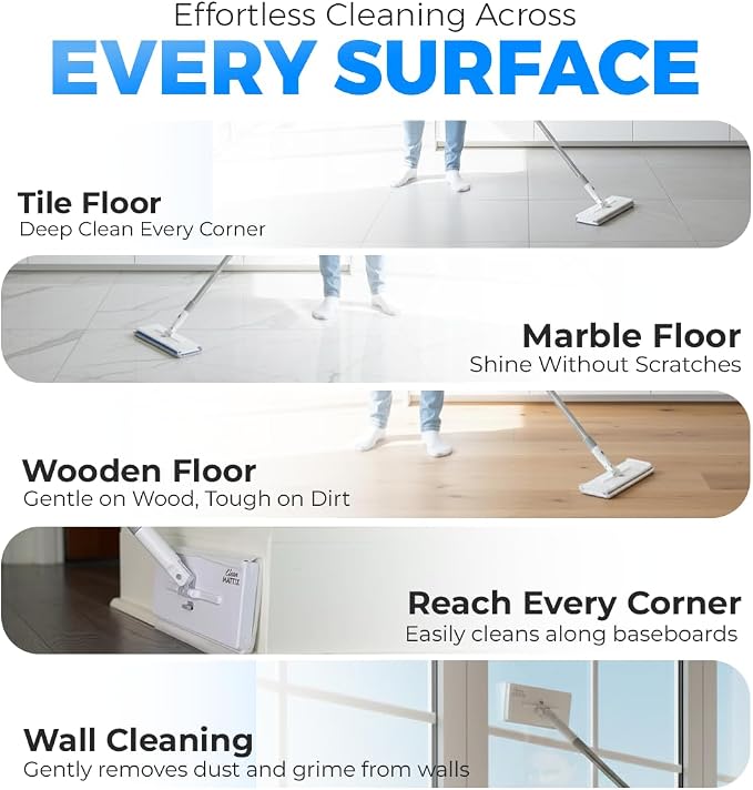 FlexiClamp Sweep & Mop Kit - Durable Cleaning Tool for Hardwood, Tile, Marble & Laminate Floors, Home, Kitchen Cleaning Essentials. (Include 10 Dry Cloths)