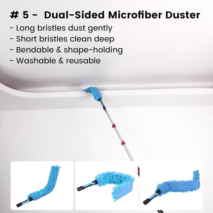 Ceiling Fan Duster Kit with 24 FT Telescoping Pole – 6-Piece Set – Screw-On Cobweb Duster & Squeegee Heads – Washable Bendable – 3/4" Universal Fit – House Cleaning Kit, Blue
