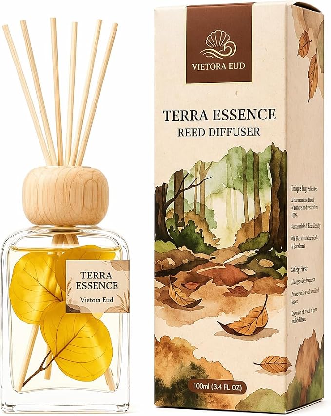 Terra Essence Reed Diffuser with Dried Leaves, 3.4 Fl Oz | Earthy wood and forest scent with real dried-leaf decor; long-lasting Air Fresheners for living room, bathroom or office.
