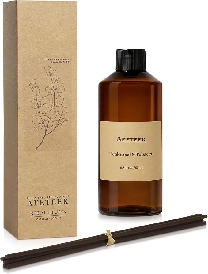 Reed Diffuser, Teakwood & Tobacco Essential Oil Refill | 6.8 oz (200ml) Musk Scented Oil, Handmade Home Air Freshener with Sticks, , Long-Lasting Room Scent for Office, Bathroom