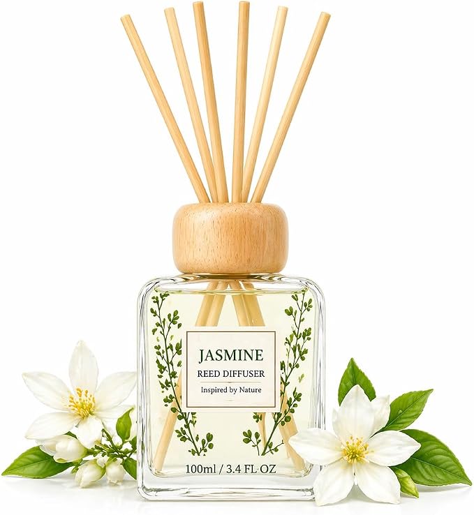 Jasmine Reed Diffuser, 3.4 Fl Oz | Floral Scent Fragrance Oil Lasts for 12 Weeks Air Fresheners for Bedroom, Bathroom, Living Room or Office; Gift-ready