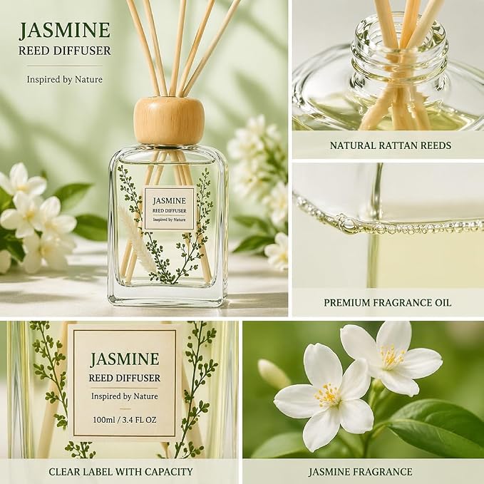 Jasmine Reed Diffuser, 3.4 Fl Oz | Floral Scent Fragrance Oil Lasts for 12 Weeks Air Fresheners for Bedroom, Bathroom, Living Room or Office; Gift-ready