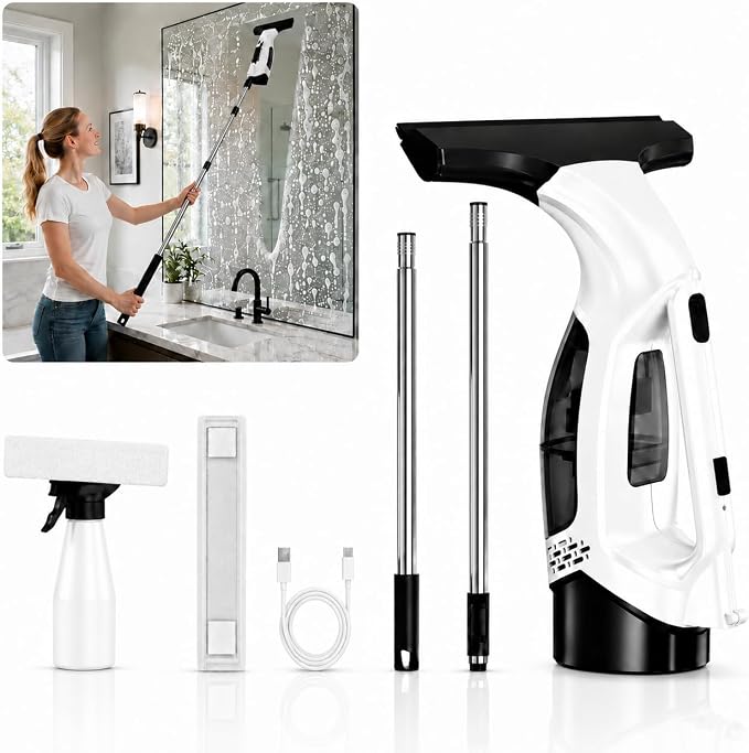Window Vacuum Squeegee with Long Handle, Cordless Window Vacuum Cleaner, Electric Window Cleaner and Shower Glass Cleaner for Mirrors, High Windows, Tiles, Car Windows, 3000Pa, Type-C(Black)