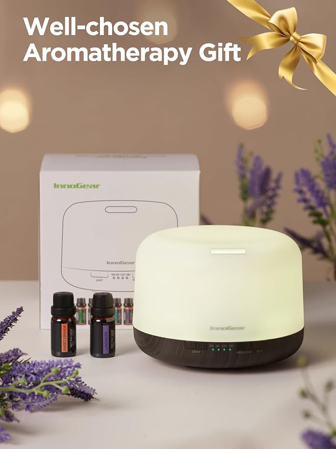 InnoGear 500ml Aromatherapy Diffuser for Home 10 Essential Oil Set, Brown | Gift Set, Remote Control, Automatic Shut-Off, 4 Timers, Quiet, Run up to 18hrs, Cool Mist Humidifier, Large Room, Easy to Use