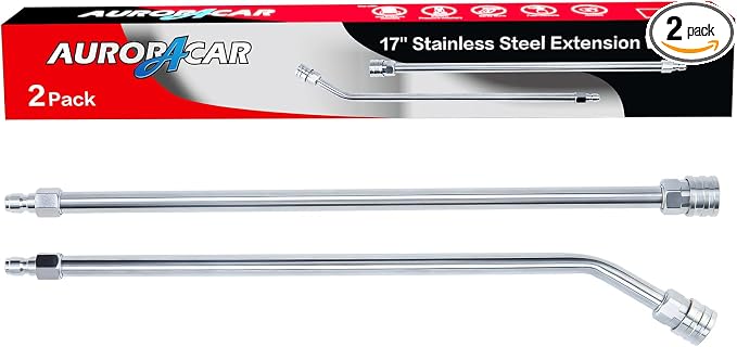 AURORA CAR Pressure Washer Extension Wand, 17 Inch Stainless Steel, 2 Pack | 1/4 Inch Quick Connect Power Washer Wand Extension, 17" Straight Extension Lance and 30 Degree Curved Angled Extension Wand