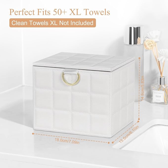 Disposable Face Towel Holder Box XL for Clean Skin Club Organizers | White PU Leather Face Towels Container, Reusable Organizer for Clean Skin Towel Makeup Wipe Holder Counter Bathroom Storage