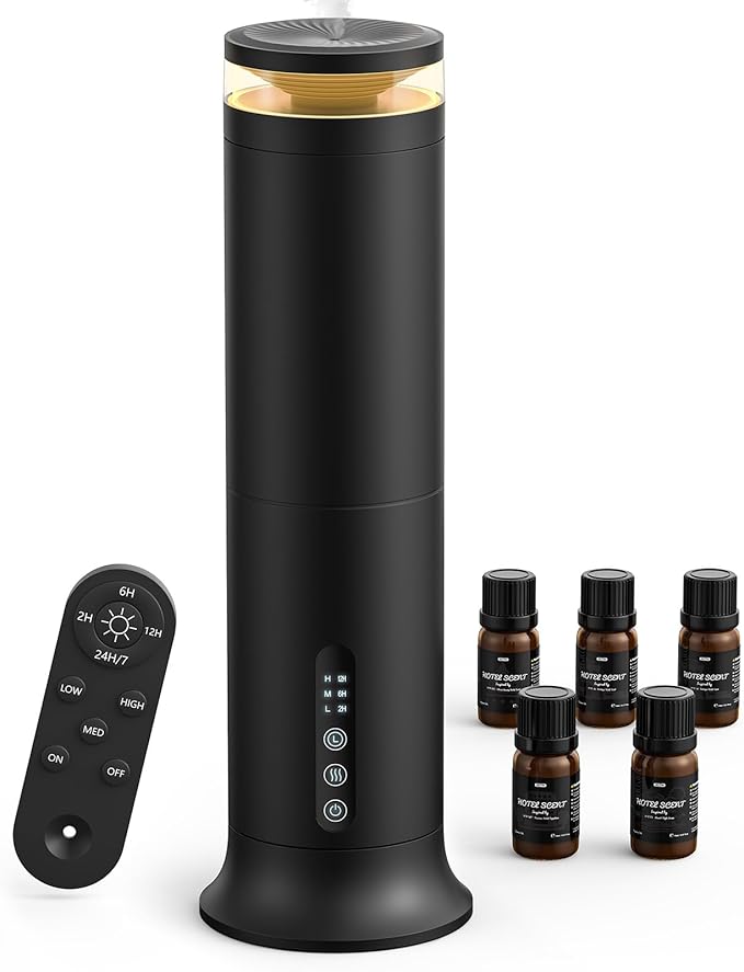 XEITIN Tower Waterless Diffuser with 5 Hotel-inspried Scent Oil Set | 2000 Sq.ft Whole-house Aroma, Cold Air Diffuser for Home Office Hotel, Pet-Friendly, Remote & Panel, 3 Timer & Intensity