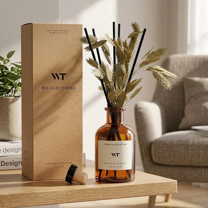 Bamboo Scent Flower Reed Diffuser Set for Bathroom Air Fresheners, Oil Diffuser Sticks | 4.0 fl oz Home Fragrance with Sticks Defusers | House Bedroom Office Shelf Decor