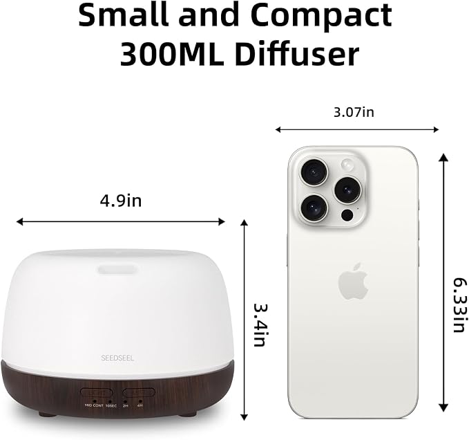 SEEDSEEL 300ML Essential Oil Diffuser, Small Aromatherapy Diffuser with Remote Control, 7-Color LED Light,4 Timer, Quiet,Auto-Off, Easy to Use,for Home,Bedroom,Office