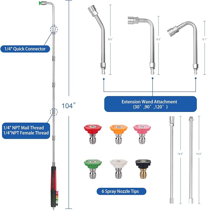 Pressure Washer Extension Wand Gutter Cleaning 8 FT Garden Hose Adapter, Upgarded Soft Handle 6 Nozzle Tips 3 Curved Rod for Gutter, 1/4" M22-14mm Fitting 3/4" GHT Connector DUS2612
