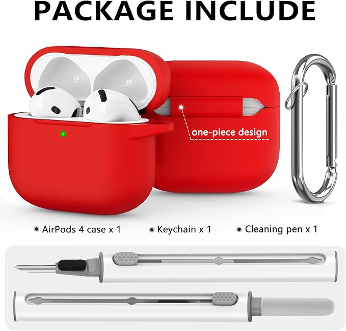 Ljusmicker for AirPods 4 Case 2024 with Cleaner Kit,Soft Silicone Protective Cover for Apple AirPods 4th Generation Cases for Women Men,for AirPod 4 Case Accessories with Keychain-Deep Red
