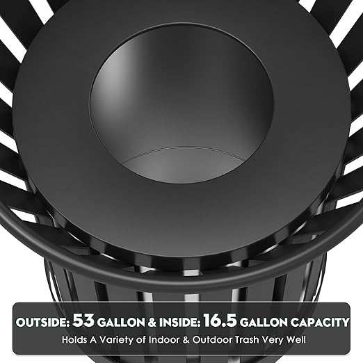 Round Heavy Duty Outdoor Trash Can, Large Metal Slatted Garbage Can for All Weather Resistant, Commercial Garbage Cans, Waste Receptacle in Park, Beach, Patio (Black, Large)