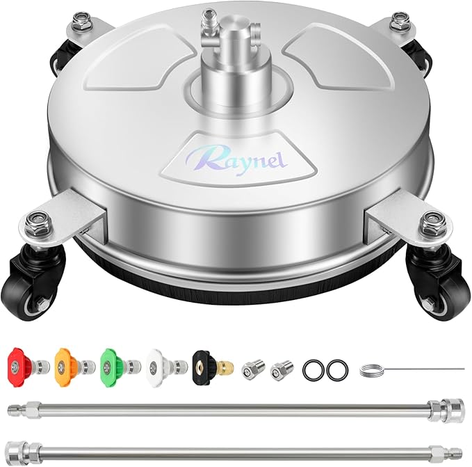 RAYNEL 14" Pressure Washer Surface Cleaner, Power Washer Accessory | Stainless Steel Housing With 4 Wheels And 1/4" Quick Plug, 2 Extension Wands & 2 Replacement Nozzles, Max 4000 PSI Pressure