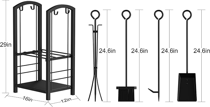 Fire Beauty Fireplace Firewood Log Rack 5-Piece Storage Logs Holder with Tools Set with 4 Tools Set Fireside Holders Wood Lumber Storage Stacking Black