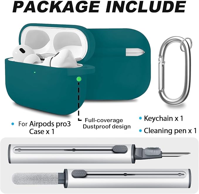 Full-Coverage dustproof Design for AirPods Pro 3 Case Cover with Cleaner Kit, Soft Silicone Cover for AirPods Pro 3rd Generation Comes with Keychain,Suitable for 3rd Generation,Pine Green