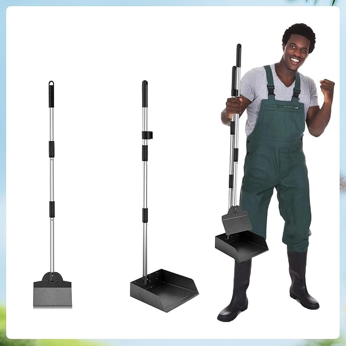 Dog Pooper Scooper, Metal Tray & Spade with 38.2" Long Handle | Medium Dog Poop Scooper: 6.5x6.7x2.5in Tray, 5.1x3.3in Spade, No-bend Pickup, Easy Rinse, Tool-free Setup