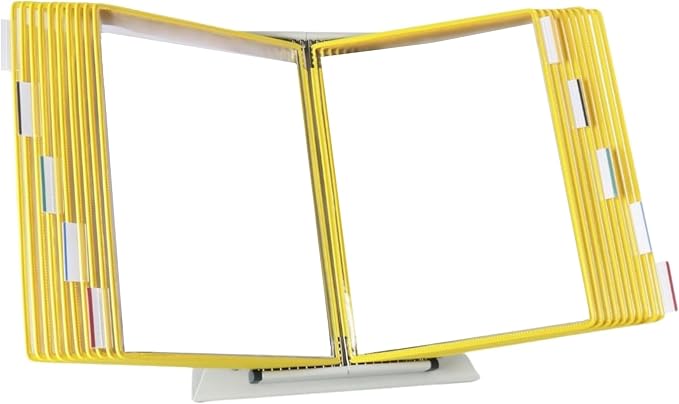 Tarifold Desktop Reference Display System, 20 Pockets, Expandable, Yellow | 20 double-sided PVC pockets, holds 40 letter-size sheets, sturdy metal base, quick-find indexing, quick and easy to assemble