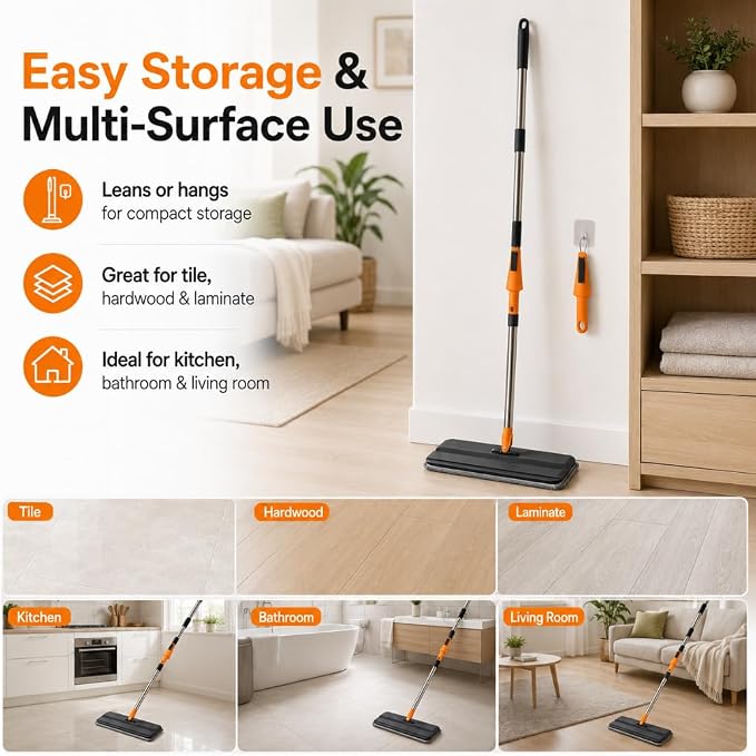 Microfiber Flat Mop for Floor Cleaning, Foldable Floor Mop with 2 Washable Pads & Hair Removal Comb, Adjustable Long Handle Dust Mop for Hardwood Tile Laminate, Wet & Dry Baseboard Cleaner