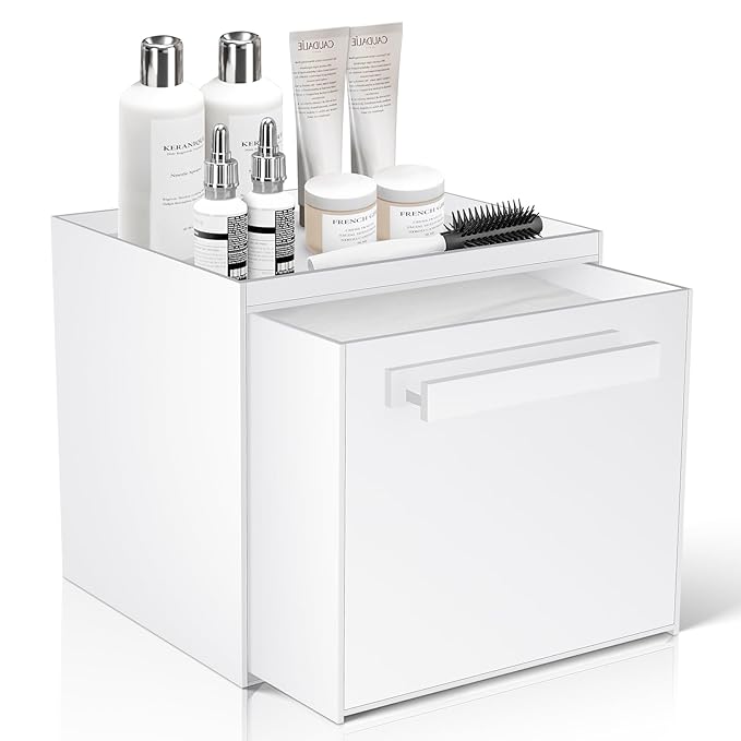 Disposable Face Towel Storage Box Compatible with Clean Skin Club Clean Towel XL Acrylic Facial Towels Holder with Drawer Wall-Mounted Makeup Organizer for Vanity, Bathroom (Glossy White) | Premium Thicken Acrylic | Compatible with Clean Skin Club Towe...