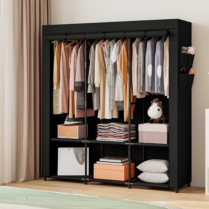 SORCEDAS Portable Closet Wardrobe with Hanging Rods Shelves Clothes Storage | 50 Inch Closet Organizers and Storage with Non-Fabric Cover,Freestanding Clothes Closet for Bedroom,dorm,Storage Rooms Black