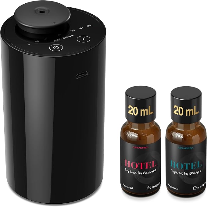 Airversa AN6 Waterless Essential Oil Diffuser Starter Kit, Black | 2X20 mL BLG+BCR Hotel Scent Fragrance Oil, Up to 600 sq ft, Battery Operated, Portable for Home Car Office, AN6Kit-2x20-B