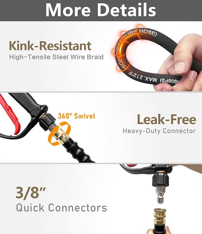 Pressure Washer Hose 50FT 4000 PSI, Kink Resistant Steel Braided Layer & NonMarking Rubber for Hot/Cold Water, High Power Washer Hose With 3/8 Inch Quick Connect & M22 Fitting, Black
