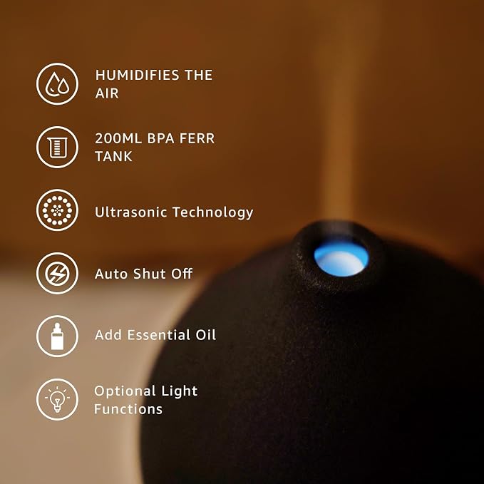200ML Ceramic Essential Oil Diffuser for Home, Stone Diffuser | Ultrasonic Aromatherapy Diffuser & Air Humidifier for Bedroom, Office, Yoga, 7 LED Lights, Auto Shut-Off, 3 Timers, Black