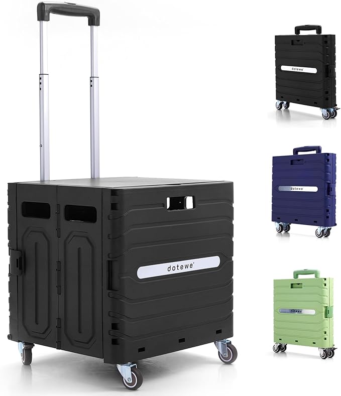 Folding Utility Cart Black Portable Rolling Crate Handcart Foldable Shopping Trolley Collapsible, with Lid, on Wheels, for Grocery, Garden, Office, Storage, Teacher, Tool (Black)