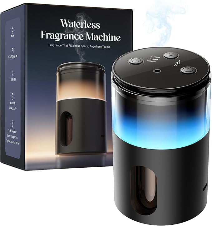 Waterless Essential Oil Diffuser: 𝟗-𝐂𝐨𝐥𝐨𝐫 𝐋𝐄𝐃 for Home | Portable Scent Diffuser - No Water No Heat For Pure Aroma - 48H Battery 3 Mist Levels & 4 Timers for Car Office