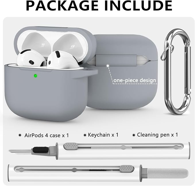 Ljusmicker for AirPods 4 Case 2024 with Cleaner Kit,Soft Silicone Protective Cover for Apple AirPods 4th Generation Cases for Women Men,for AirPod 4 Case Accessories with Keychain-Light Grey