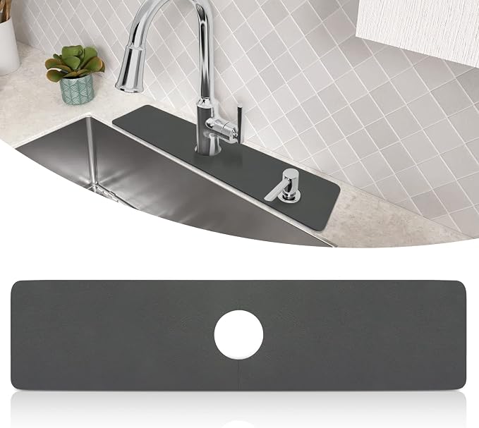 LOPNUR Faucet Mat for Kitchen Sink Cuttable, 24 Inch Long Sink Splash Guard Behind Faucet, Super Absorbent Diatomite Sink Protector Mat, Bathroom Water Splash Guard Fast Dry, Easy to Cut, Grey