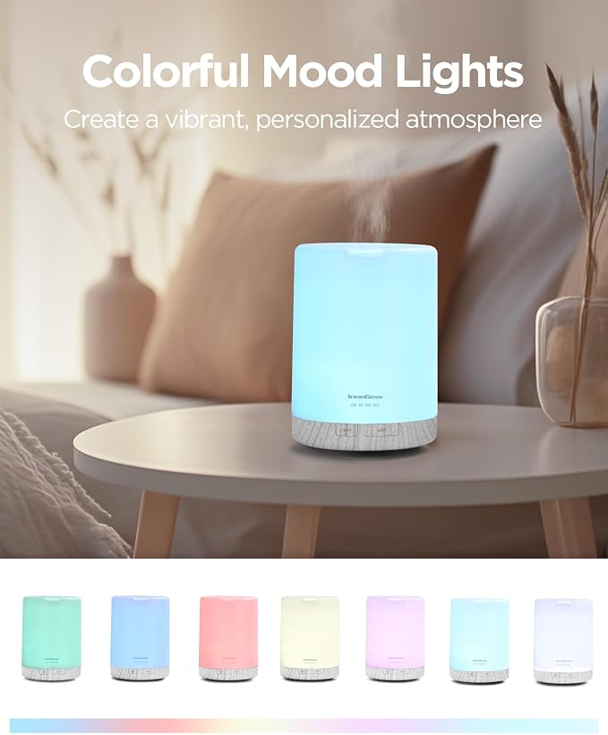 InnoGear 300ml Essential Oil Diffuser for Home Scent Humidifier, White | Aromatherapy, Cool Mist Humidifier, Ultrasonic, Large Room, Run up to 10hrs, Waterless Auto Off, 7 LED Lights, Quiet