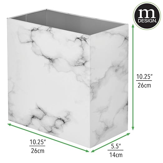 mDesign Small Steel Rectangular 2.4 Gallon/9.1 Liter Trash Can, Waste Basket for Bathroom, Bedroom, Home Office - Holds Garbage, Recycling, Household Items - Linn Collection - White Marble