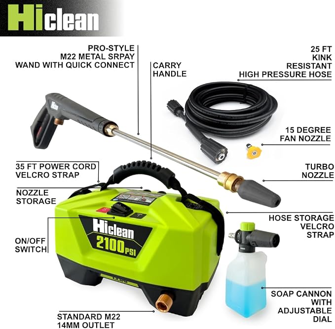 Hiclean Electric Pressure Washer 2100 PSI | Portable Power Washer, Car Detailing, Patios, Fences & Outdoor Cleaning, Compact Design, Foam Cannon, Turbo & Fan Nozzles