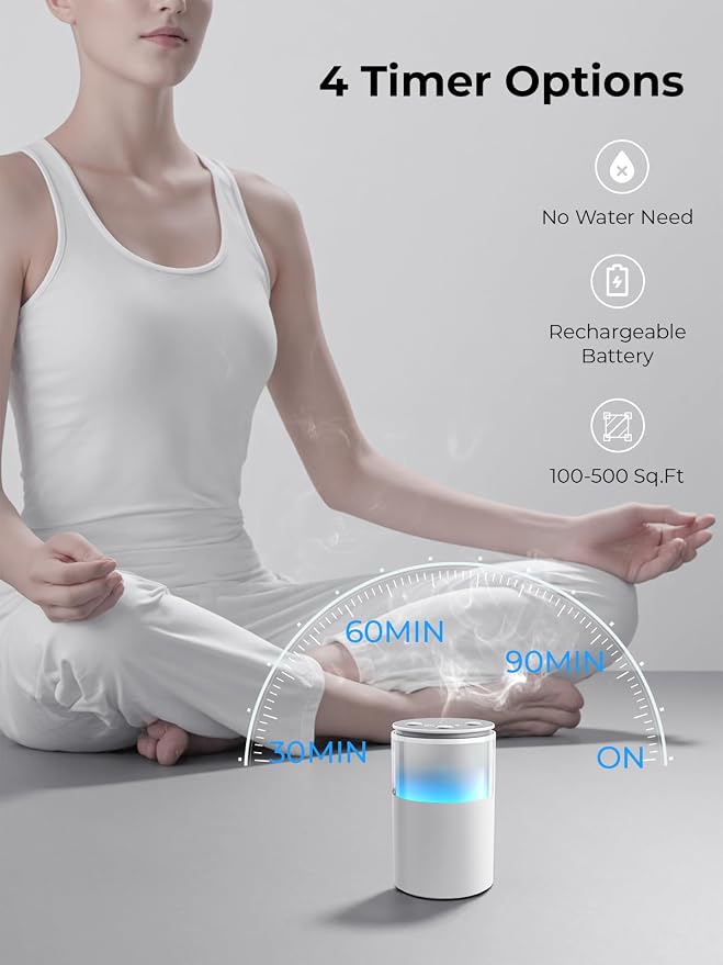 Waterless Essential Oil Diffuser: 𝟗-𝐂𝐨𝐥𝐨𝐫 𝐋𝐄𝐃 Snow White | Portable Scent Diffuser - No Water No Heat For Pure Aroma - 48H Battery 3 Mist Levels & 4 Timers for Car Office