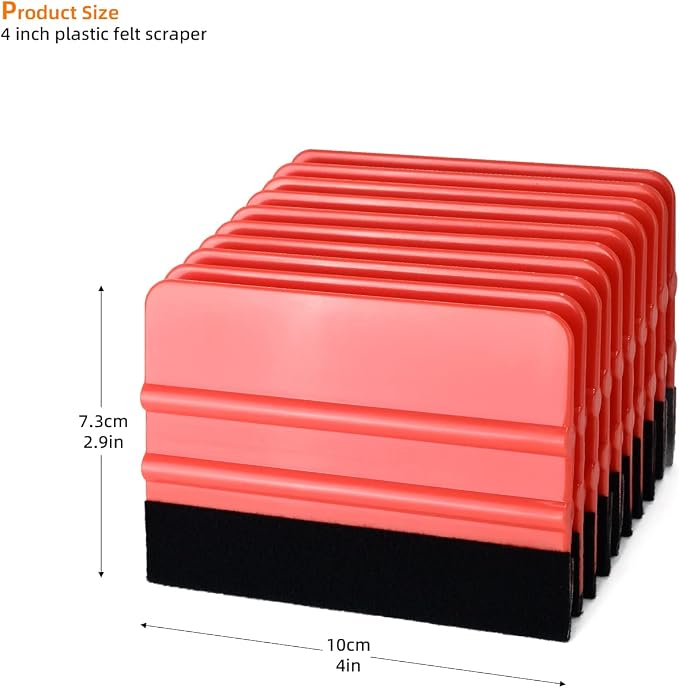 EHDIS 10pcs Vinyl Squeegee 4 Inch Car Vinyl Scraper Decal Applicator Window Tint Wallpaper Smoothing Tool with Black Fabric Felt Edge (Red)