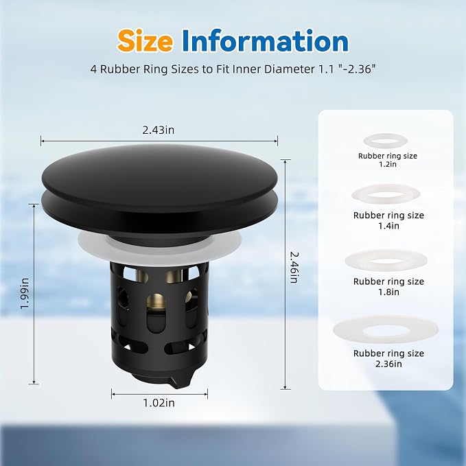 Universal Metal Bathroom Sink Stopper, Pop-Up Hair Catcher Strainer, Black | Large Cover Cap, Sink Drain Strainer with Detachable Double Filter, Drain Plug Fits 1.1"-2.36" US Basin, Brass Bounce Core