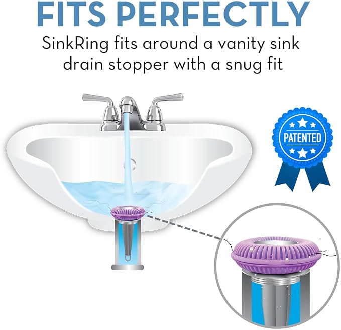 SinkRing Bathroom Sink Drain Protector & Strainer for Sink Stoppers, Violet | Easy snap-in design. Precision clog-free trap prevents loss of earrings, jewelry or contacts. Fits 1.37" - 1.57" stoppers.