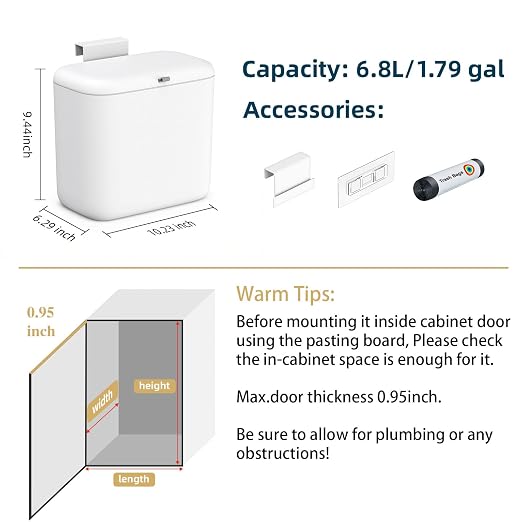 MUEE Hanging Trash Can with Lid for Kitchen, Garbage Can 1.8 Gal/6.8L | Food Waste Bin for Counter Top or Under Sink, Mountable Garbage Can for Cupboard/Bathroom/Bedroom/Office/RV, Matte White