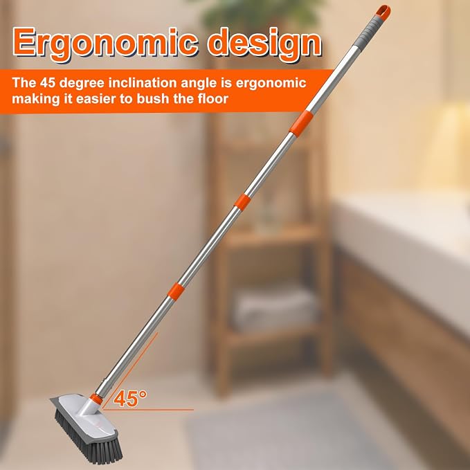 Floor Scrub Brush with Long Handle, 12" Wide 2-in-1 Deck Brush and Squeegee with 55" Stainless Steel Pole, Heavy-Duty Stiff Bristles for Shower, Tile, Garage, Patio & Kitchen-Orange