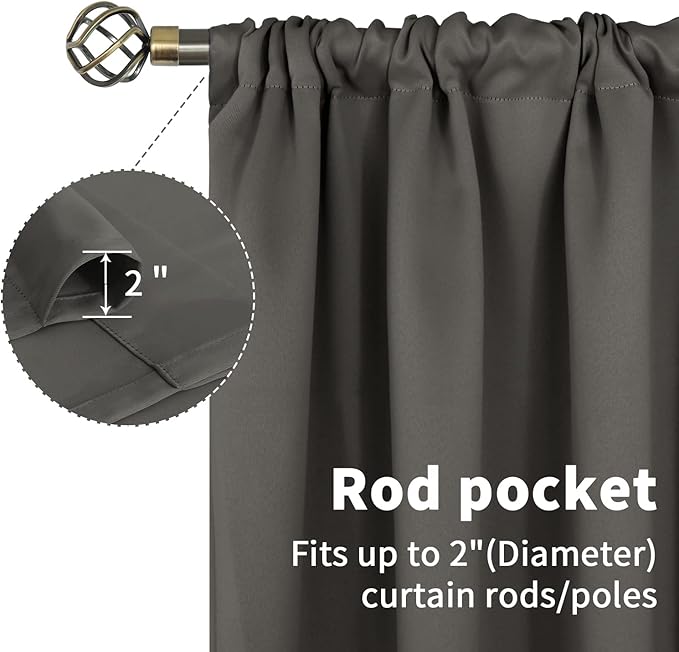 BGment Rod Pocket Blackout Curtains for Bedroom 63 Inches Length - Thermal Insulated Room Darkening Curtain for Living Room, 42 x 63 Inch, 2 Panels, Grey