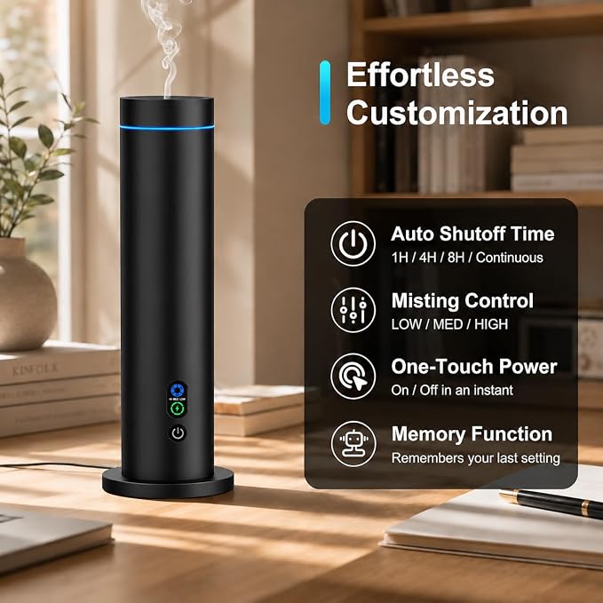 Waterless Essential Oil Diffuser, Metal Scent Diffuser, Black | Includes 6 essential oils, AC powered, 1000 sq.ft coverage for home, office & hotel, aluminum alloy body, remote control