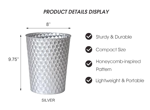 Venalys Small Metal Trash Can Wastebasket, Decorative Honeycomb Garbage Can Waste Basket, Modern Farmhouse Round Trash Bin for Bathroom, Bedroom, Kitchen and Office (Silver)